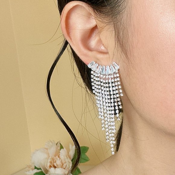 Gold Tone CZ Curved Tapered Baguette Cascading Earrings - Picture 6 of 7